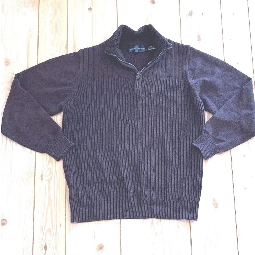 Oscar de la Renta Mens Quarter Zip Sweater Brown Ribbed Sherpa Large Cotton Knit